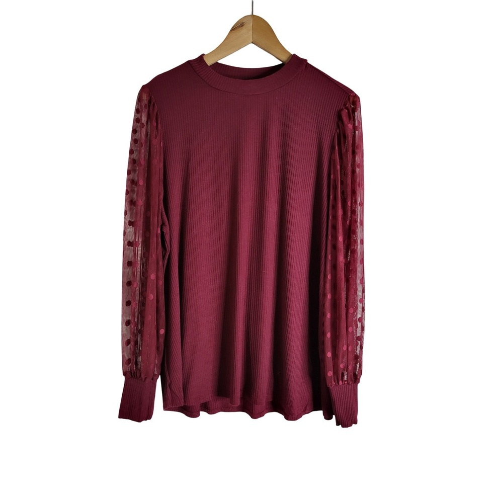 Maurices Burgundy Ribbed Top Sheer Polka Dot Mesh Long Sleeve Sz 1X Whimsigoth